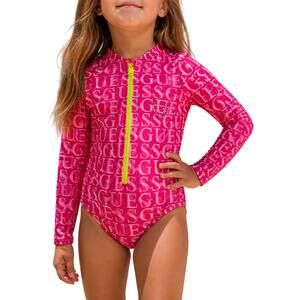 Guess Kids Hot Pink Logo Rashguard Swimsuit Neon Zip One Piece Size 4
